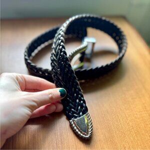 Vintage 90s black and silver braided leather belt with silver buckle